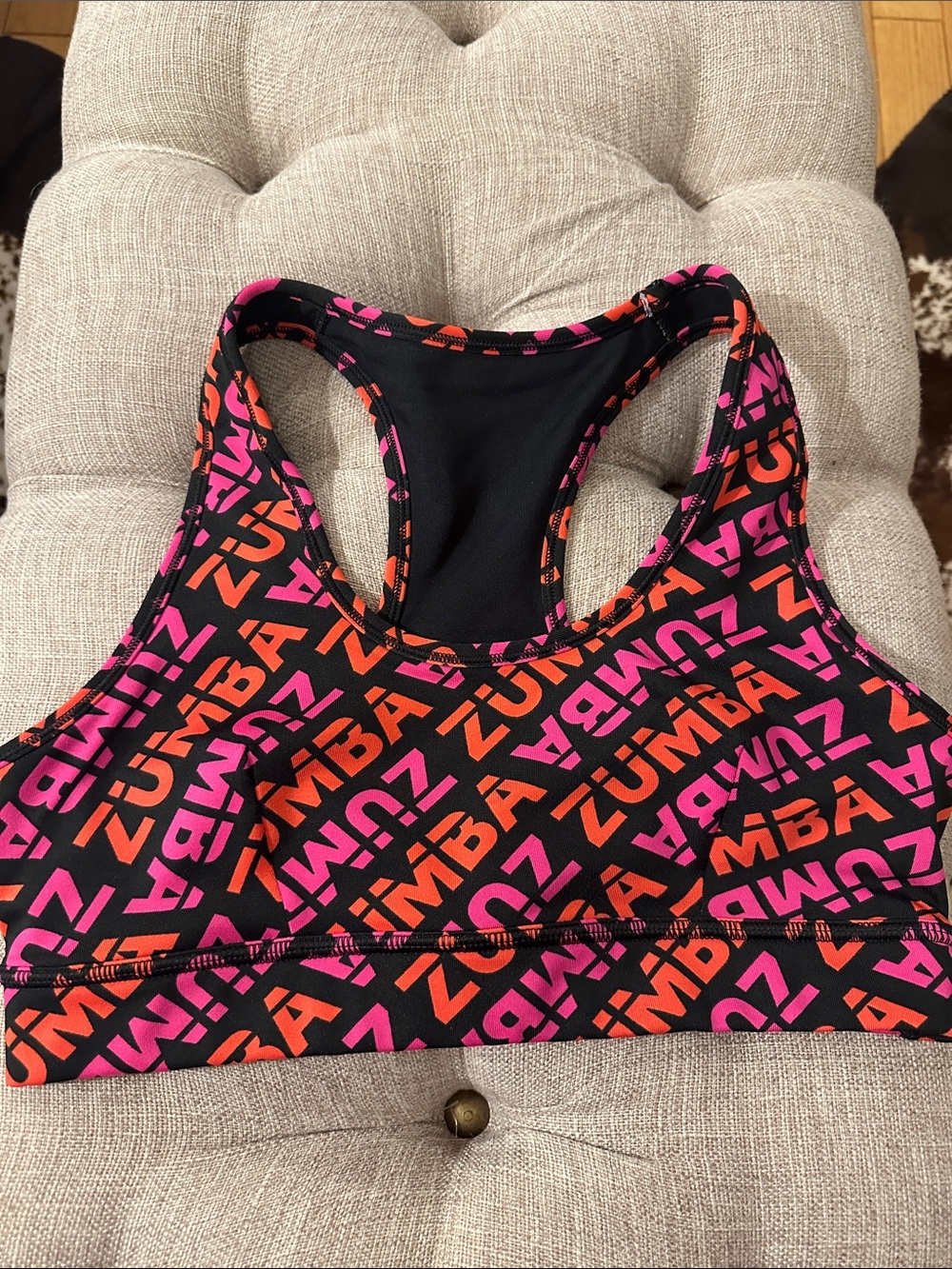 Zumba Fitness Black Sports Bra with Pink & Orange Logo Print